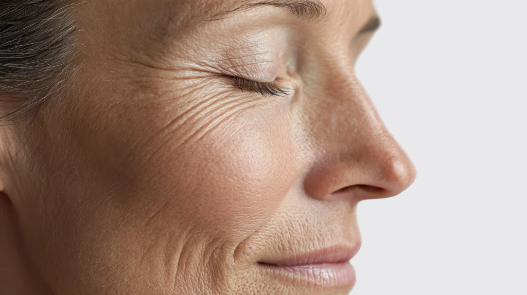 Femme mature avec peau lumineuse et rides d'expression